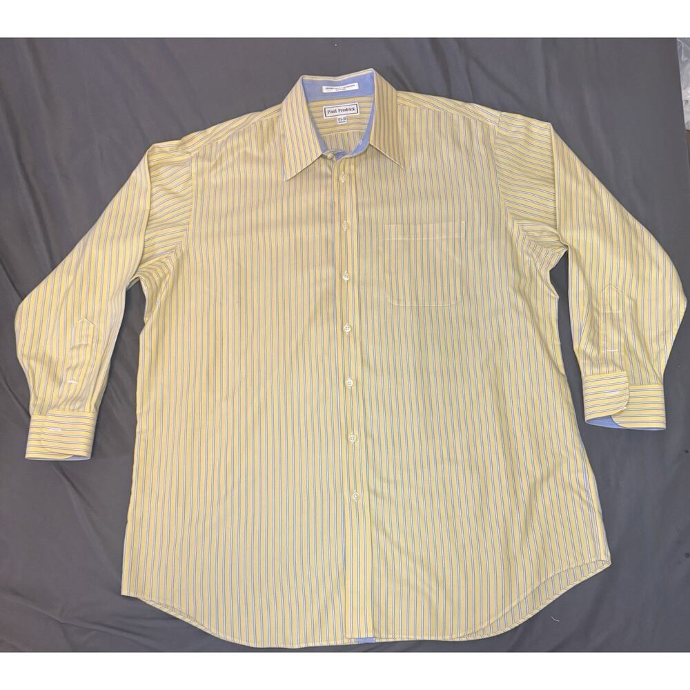 Paul Fredrick Mens Dress Shirt 17.5 33 Yellow Blue White Striped Two-Ply Cotton